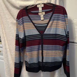 Focus Mates 2PC Sweater Set Garnet/Blue/Tan Stripes LS Cardigan/Sleeveless Shell